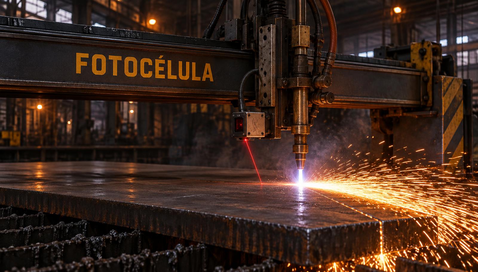 Máquina de oxicorte com fotocélula cortando chapa de aço